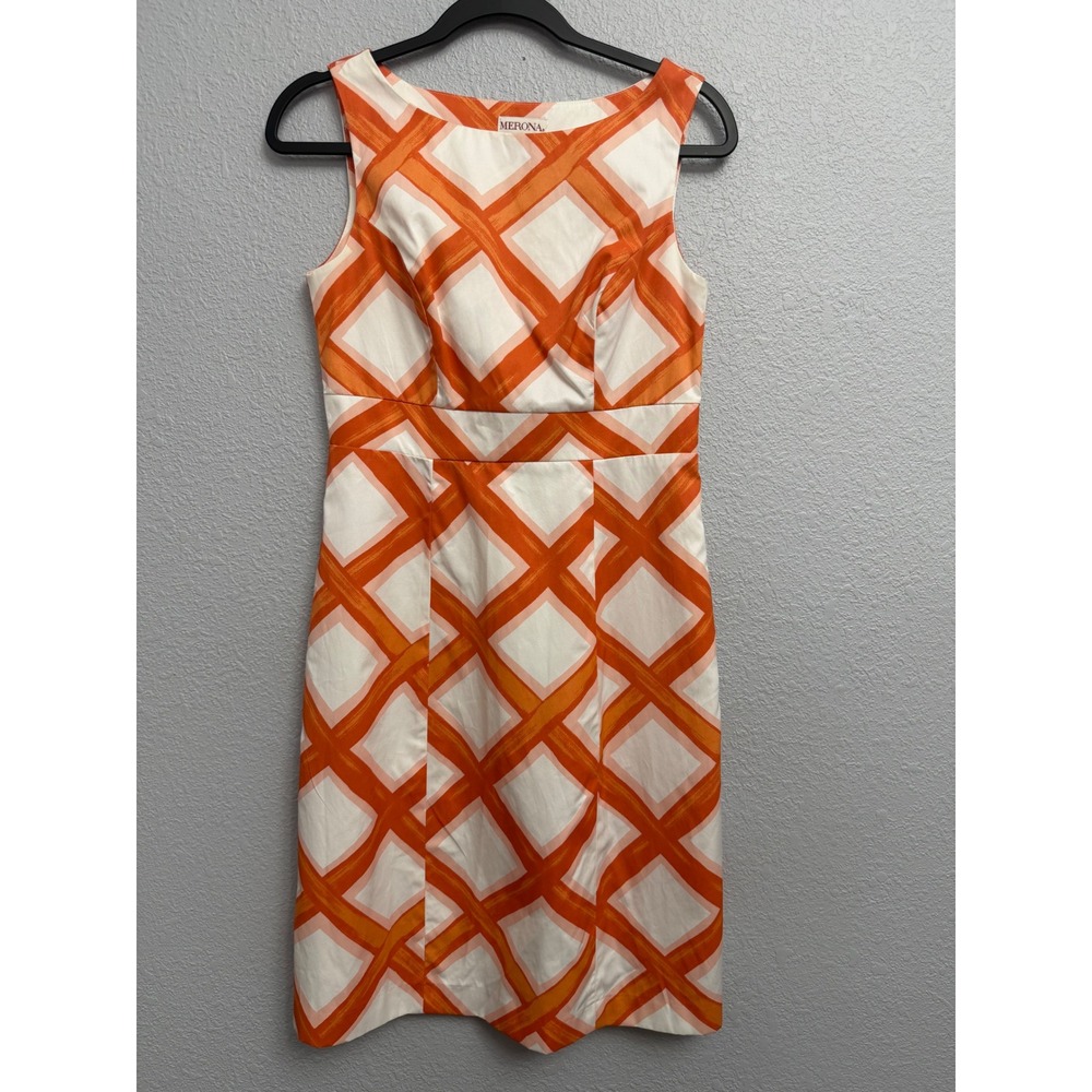 Merona Orange White Geometric Diamond Sheath Dress Size 4 Sleeveless Retro FLAW